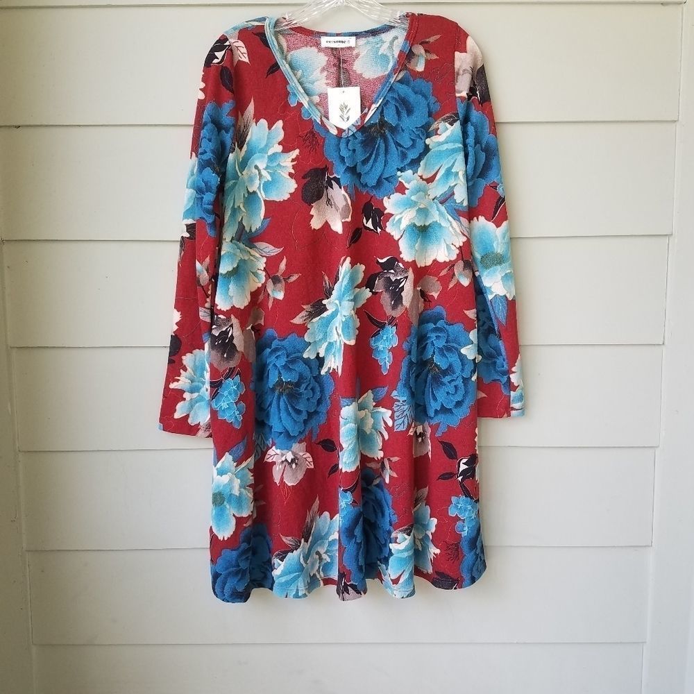 EE.SOME Floral V Neck Dress Long Sleeve
